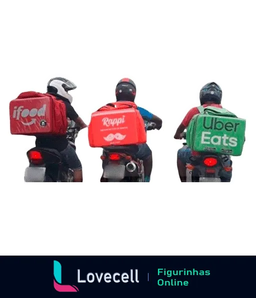 Figurinha com três entregadores de motocicleta, representados de trás, com mochilas do iFood, Rappi e Uber Eats, simbolizando a competição entre serviços de entrega