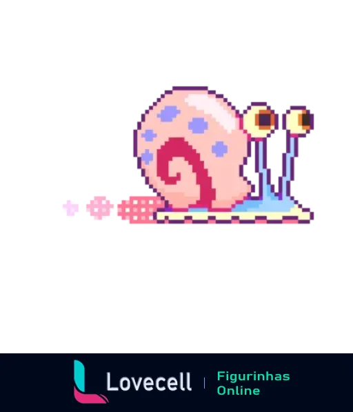 Figurinha de Gary, o caracol de estimação do Bob Esponja, em pixel art, com concha rosa e azul e olhos esbugalhados, esticando seu corpo azulado e rosa