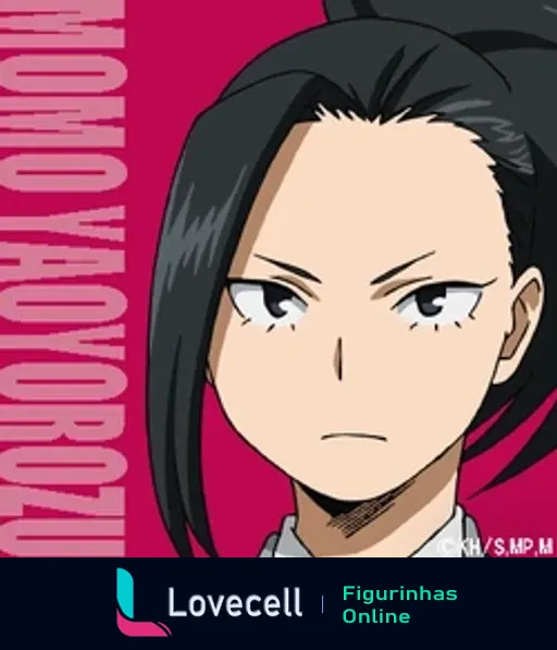 Figurinha de Momo Yaoyorozu, personagem do anime My Hero Academia, com fundo rosa e expressão séria, representando a turma 1A.