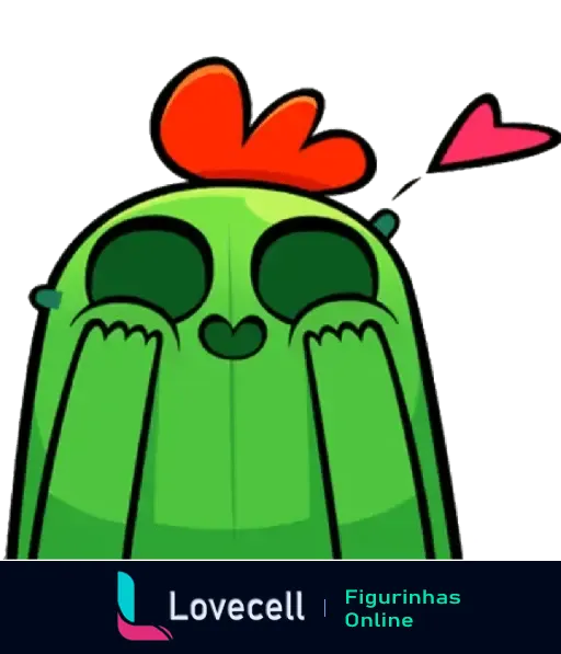 Figurinha de um personagem cacto verde de Brawl Stars com uma flor vermelha na cabeça, expressando felicidade com olhos fechados e um coração rosa ao lado.