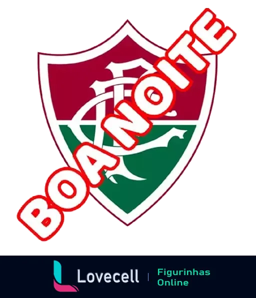 Figurinha de Boa Noite com escudo do Fluminense Football Club, fundo listrado rosa e branco e faixa vermelha com texto 'BOANOITE'