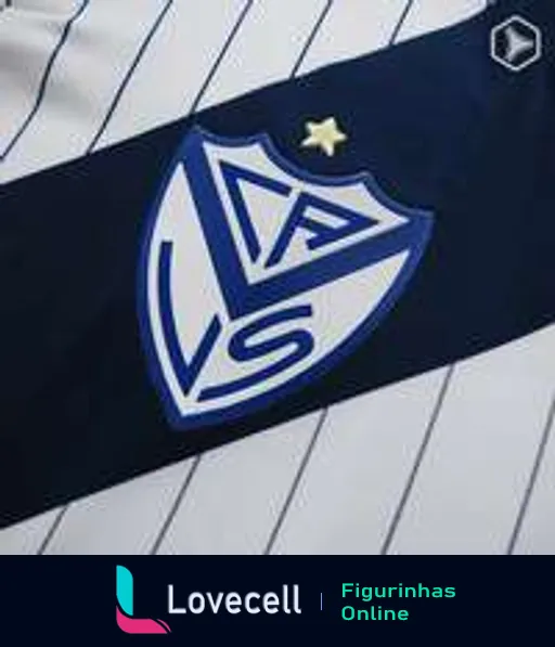 Figurinha do escudo do Vélez Sarsfield, clube de futebol argentino com emblema azul e branco e estrela dourada no topo em camisa listrada