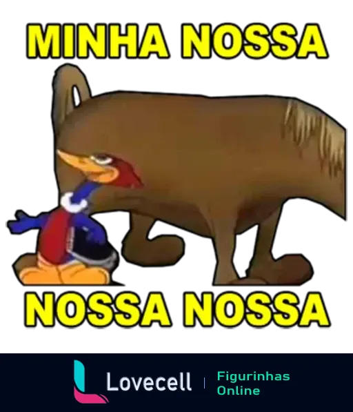 Figurinha humorística do Pica-Pau, com texto em destaque: 'MINHA NOSSA' e 'NOSSA NOSSA'. Estilo de arte caricatural e colorido.