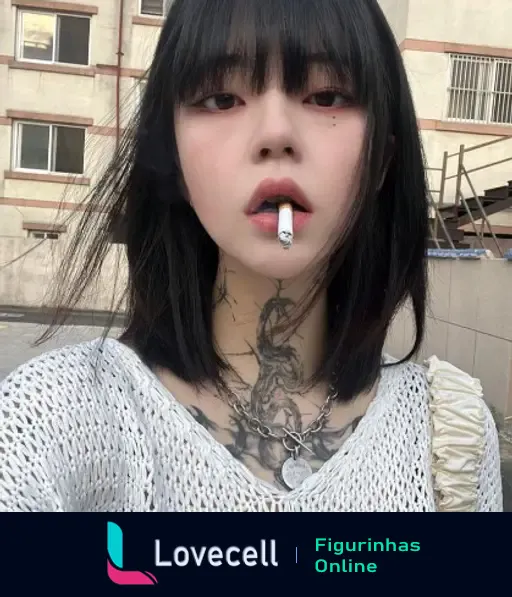 Coreana com cabelo preto e curto, usando uma blusa de malha, segurando um cigarro na boca, com tatuagens no pescoço e no peito.