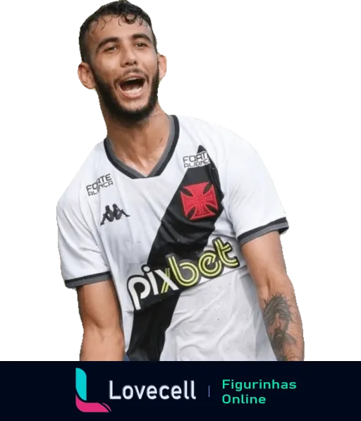 Jogador do Vasco com uniforme branco comemorando durante o jogo, logo da Pixbet e Kappa visíveis