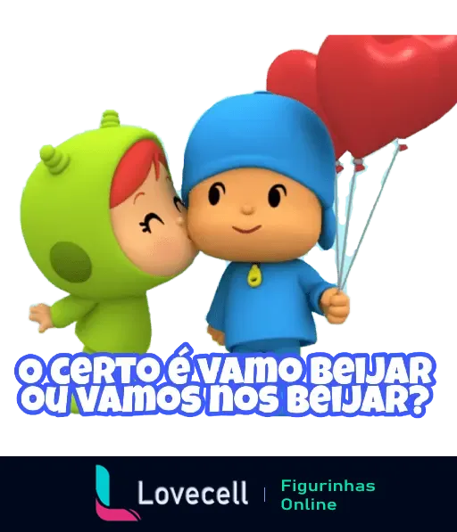 Figurinha do PoCoyo com personagem beijando outra e segurando balões vermelhos, texto: 'O certo é vamo beijar ou vamos nos beijar?'