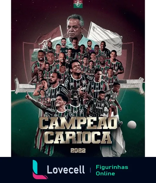 Jogadores e técnicos do Fluminense celebrando com a taça de Campeão Carioca 2022 sobre fundo verde com escudo e a palavra CAMPEÃO