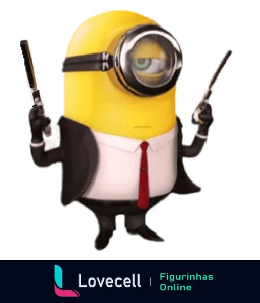 Figurinha de Minion vestido de agente secreto com terno preto, gravata vermelha e óculos de proteção, segurando duas pistolas