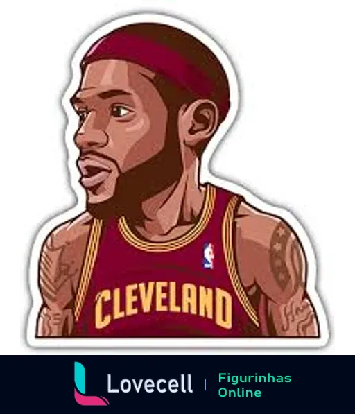 Desenho estilizado de Lebron James, jogador do Cleveland Cavaliers com uma faixa na cabeça e tatuagens visíveis.