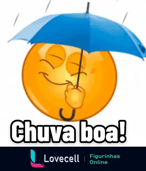 Emoji feliz de rosto laranja com guarda-chuva azul, curtindo uma boa chuva, ideal para expressar amor pelo tempo chuvoso.