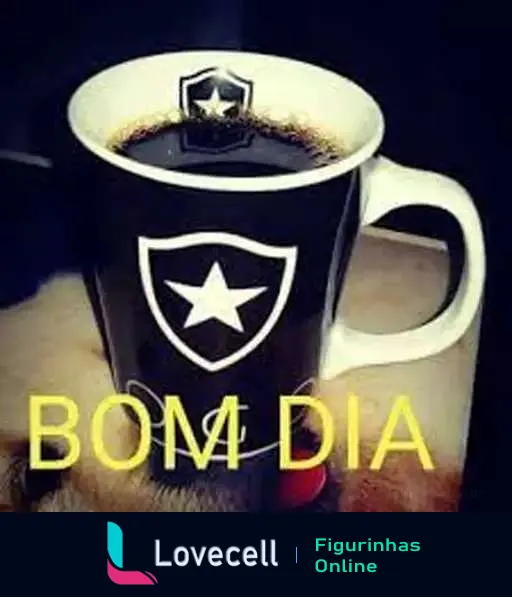 Caneca de café preta com emblema do Botafogo e texto 'BOM DIA' em amarelo