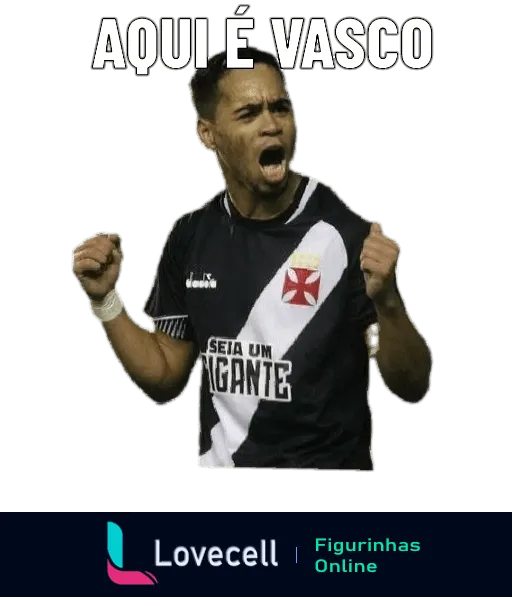 Jogador do Vasco comemorando com uniforme mostrando logo e patrocínio 'Seja um Gigante', texto 'AQUI É VASCO' destacado