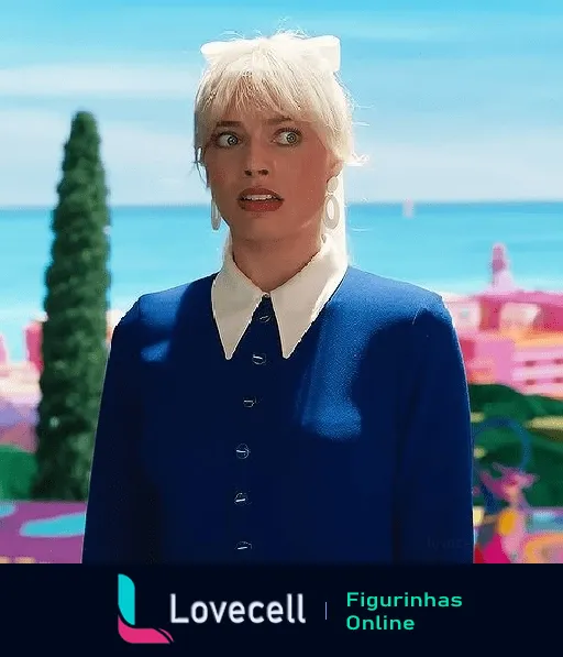 Margot Robbie interpretando a Barbie, com expressão de surpresa e fundo colorido vibrante no estilo da Barbie.