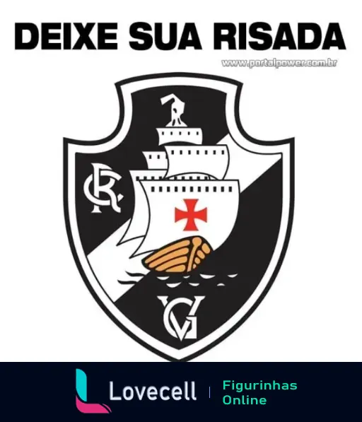 Figurinha com escudo estilizado mesclando Flamengo, Vasco e Botafogo e a frase 'Deixe sua risada', provocação entre torcedores de futebol