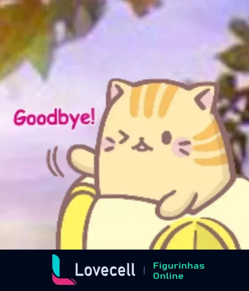 Gato amarelo fofo dentro de uma casca de banana acenando um adeus com a patinha, com texto 'Goodbye!' ao lado.