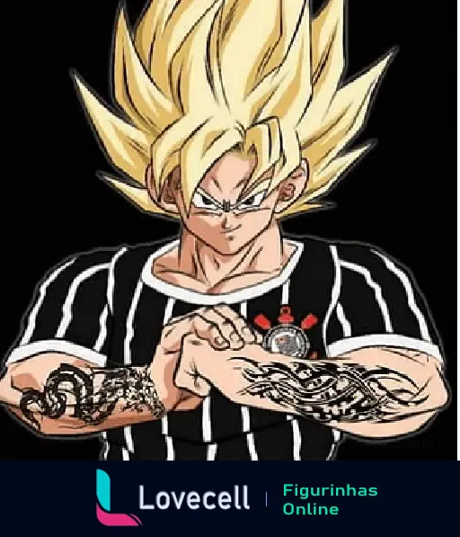 Imagem de um personagem em forma Super Saiyajin com cabelos amarelos espetados, vestindo a camisa do Corinthians e com tatuagens nos braços, VAI CORINTHIANS ANIME.