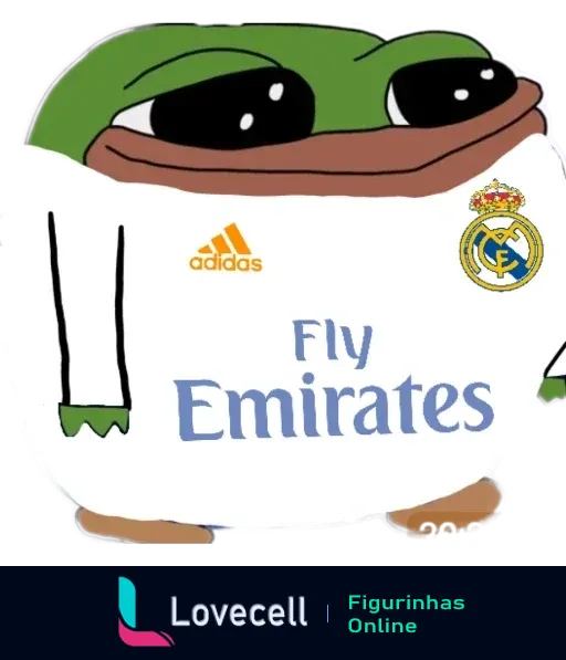 Imagem do personagem Pepe, famoso meme, usando uma camisa do Real Madrid com a marca Fly Emirates e o logo do clube.