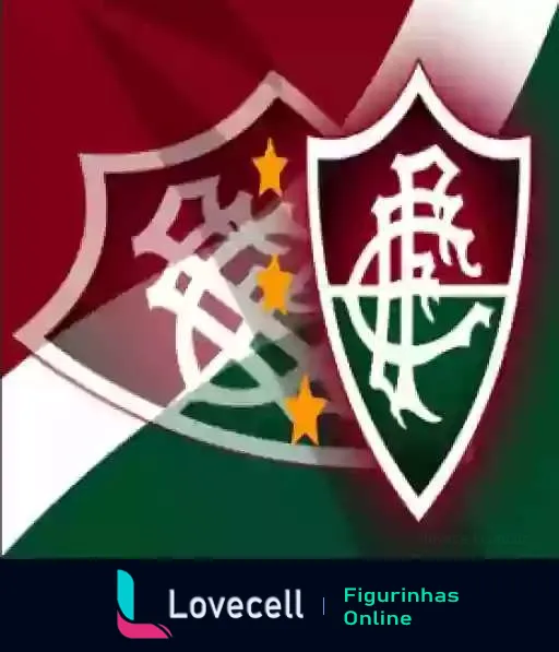 Figurinha do escudo estilizado do Fluminense Football Club com a bandeira do clube, cores verde, bordô e branco, e estrelas acima do monograma