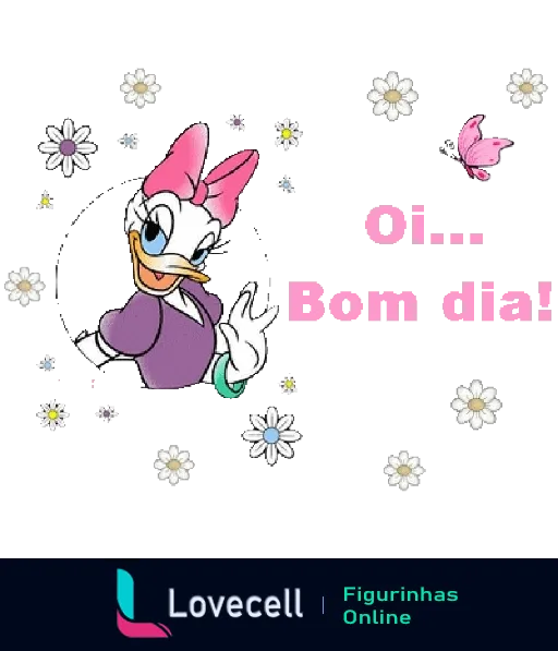 Figurinha de Bom Dia com Daisy vestida com vestido lilás, dizendo 'Olá... Bom dia!', decorada com margaridas brancas e pássaro rosa