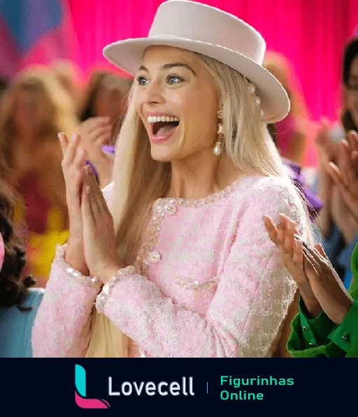 Imagem de Margot Robbie como Barbie sorrindo amplamente, vestindo um elegante chapéu branco e roupa rosa, com fundo rosa vibrante