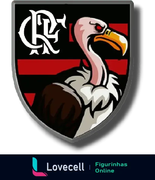 Escudo do Flamengo apresentando um abutre com a cabeça voltada para a direita, fundo com listras vermelhas e pretas e monograma CRF no canto superior esquerdo.