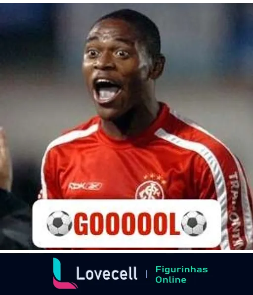 Jogador do Internacional celebrando gol com uniforme vermelho e texto 'GOOOOL' destacado