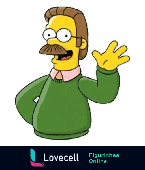 Figurinha do Flanders dos Simpsons acenando com suéter verde e sorriso amigável