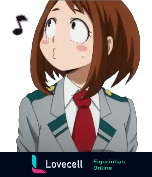 Personagem de Boku No Hero Academia com expressão surpresa e uma nota musical ao lado, vestido com uniforme escolar.