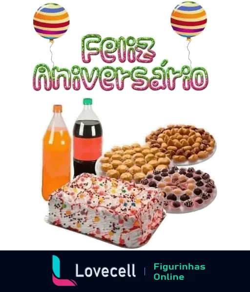 Figurinha de Feliz Aniversário com dois balões coloridos, bolos, salgadinhos e duas garrafas de refrigerante.