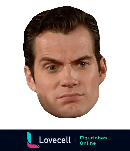 Figurinha de Henry Cavill com expressão séria, olhos intensos e sobrancelhas franzidas, ideal para momentos de suspense ou decisão