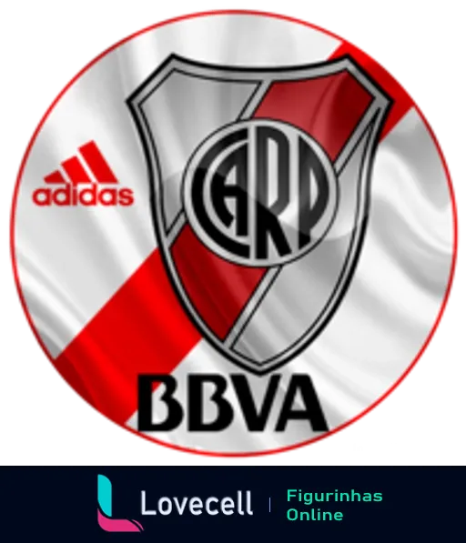 Figurinha do escudo do River Plate, modernizado com listras vermelhas e brancas, logotipos da Adidas e BBVA