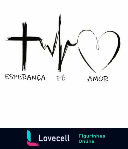 Figurinha de WhatsApp de uma cruz, um eletrocardiograma e um coração, representando esperança, fé e amor. Ideal para expressar sentimentos religiosos.