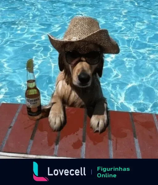 Cachorro de chapéu e óculos de sol relaxando na borda da piscina com uma cerveja Corona ao lado, em um dia quente de verão.