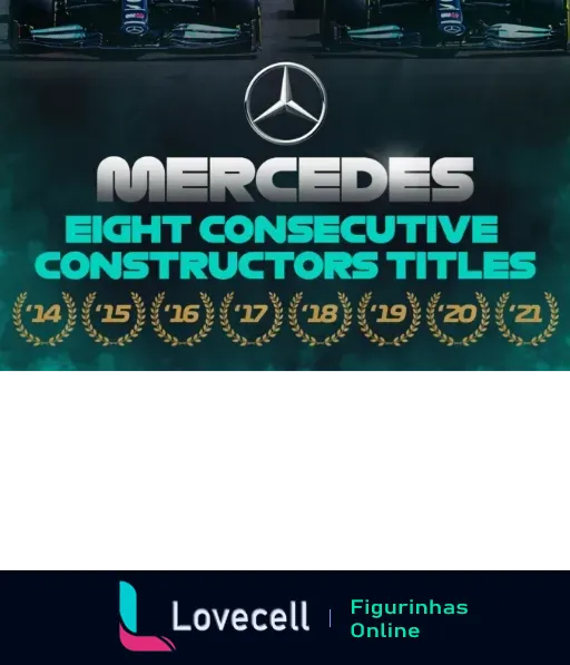 Figurinha mostrando dois carros de corrida da Mercedes e os anos de 2014 a 2021 representando os oito títulos consecutivos de construtores na Fórmula 1