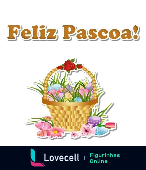 Figurinha de Feliz Páscoa com cesta de vime cheia de ovos coloridos e decorados, cercada por flores e grama, evocando uma atmosfera primaveril.