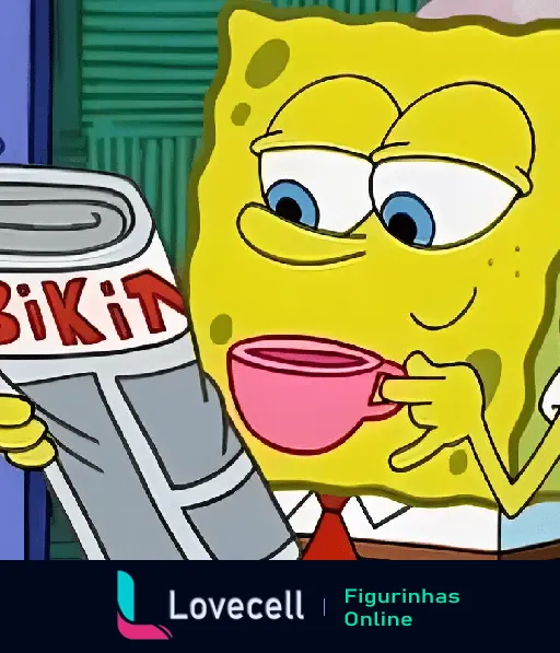 Bob Esponja segurando uma xícara rosa enquanto lê um jornal com a palavra 'BIKINI' visível na capa.