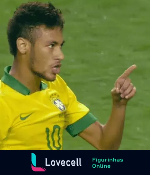 Neymar vestindo a camisa da seleção brasileira de futebol apontando seriamente durante um jogo