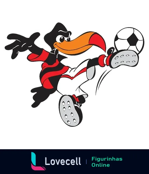 Figurinha do Zico, mascote em estilo de desenho animado, vestido com uniforme do Flamengo, chutando uma bola de futebol