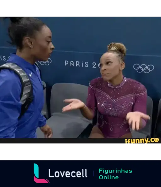 Rebecca Andrade e Simone Biles conversando durante as Olimpíadas de Paris 2024, expressando surpresa e descontração. Meme divertido.