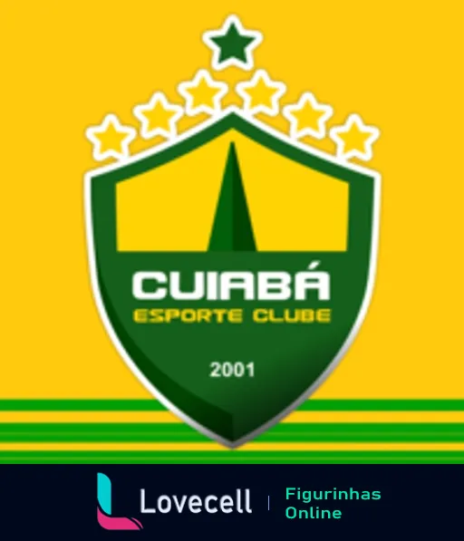 Figurinha do escudo do Cuiabá Esporte Clube com fundo verde e amarelo, cinco estrelas brancas no topo e o ano de fundação 2001