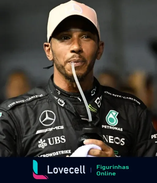 Lewis Hamilton em macacão da Mercedes bebendo de uma garrafa com canudo, usando boné branco