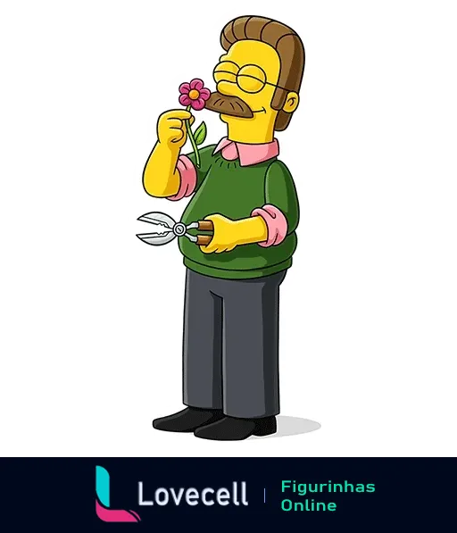 Ned Flanders dos Simpsons segurando uma flor e tesoura de poda, vestindo suéter verde e calças cinzas