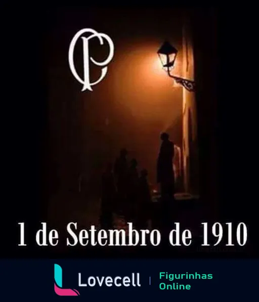 Rua escura com lampião iluminando e silhuetas ao fundo, emblema com letras 'CP' e data '1 de Setembro de 1910', simbolizando fundação do Corinthians