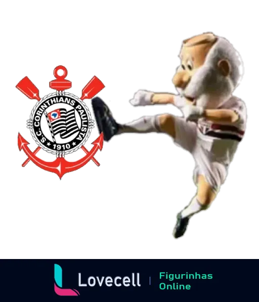 Mascote do Corinthians, mosqueteiro com bandeira do clube, flutuando no espaço, cores vermelho, preto e branco