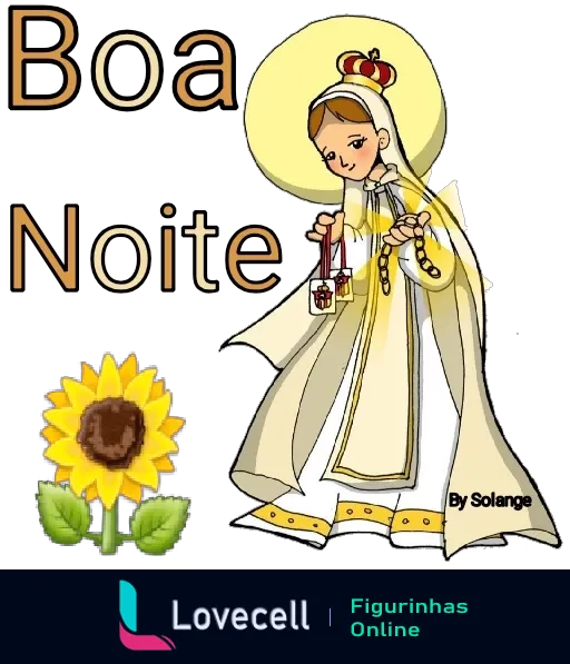 Figurinha de Boa Noite com personagem feminina estilo desenho animado, vestida como santa, segurando rosário e lanterna, ao lado de um girassol grande, transmitindo calma e paz