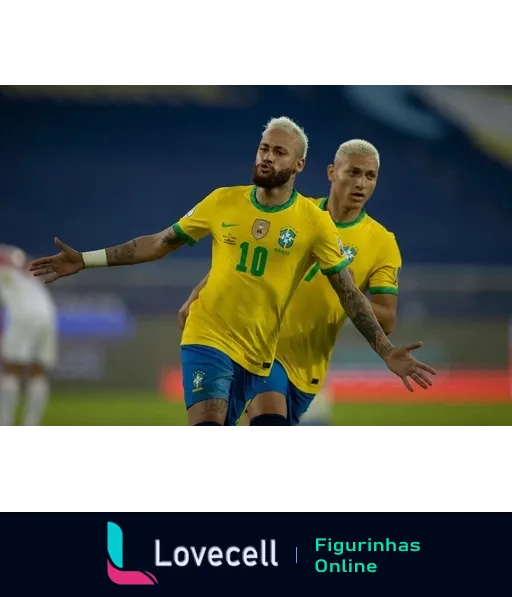 Dois jogadores da Seleção Brasileira comemorando um gol, vestidos com uniformes amarelos número 10 e 11, expressando alegria e entusiasmo