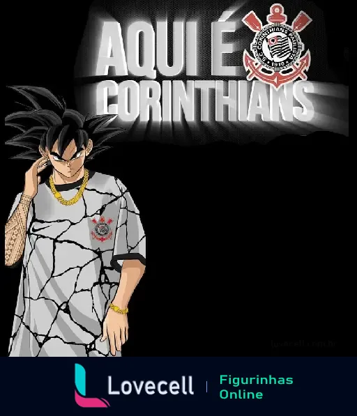 Figura de personagem de anime em camiseta do Corinthians, com o texto 'Aqui é Corinthians' e o logo do time ao fundo, em preto e branco.