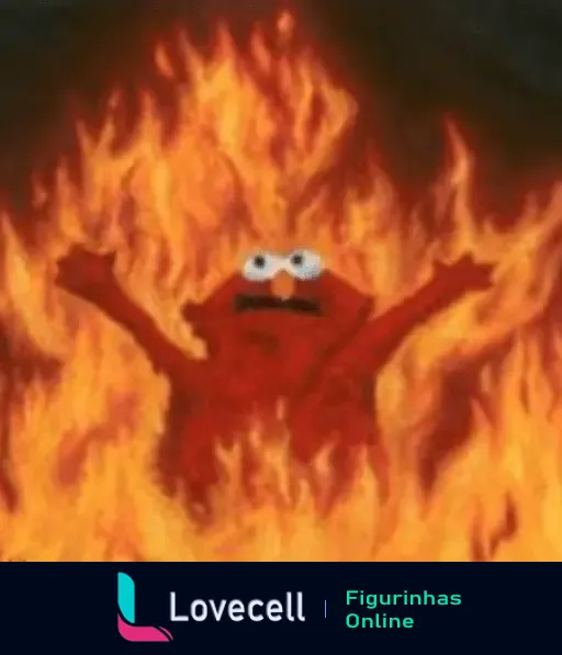 Imagem de Elmo em meio a chamas com expressão de entusiasmo, representando calor extremo e emoções intensas. Pasta: CALOR D+