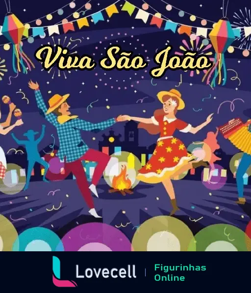 Figurinha de Festa Junina com casais dançando e fogueira, decoração típica e texto Viva São João