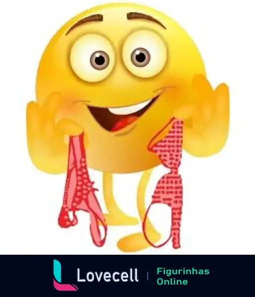 Emoji amarelo sorridente segurando duas peças de roupa íntima vermelhas, com grandes olhos e expressão alegre. Ideal para memes humorísticos.